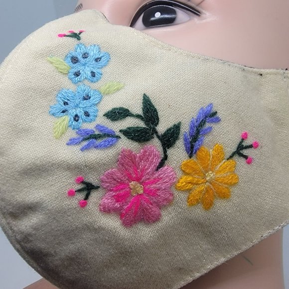 New Face cover ear loop Cream Mask Women's Embroidered handmade garden flowers - Picture 4 of 6